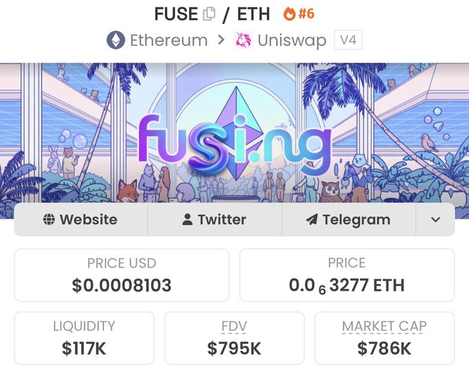 A screenshot from a crypto tracking site (likely DEXTools) showing the FUSE/ETH token on Uniswap V4, priced at $0.0008103 with a market cap of $786K, $117K liquidity, and an FDV of $795K — supporting the post's bullish claim that $FUSE is an early-positioning launchpad opportunity on Ethereum alongside its ecosystem meme tokens $FUSEDOG, $FUSECAT, and $BAU.