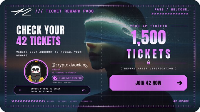 The image is a promotional graphic for "42" (42.Space), a prediction market platform, showing a "Ticket Reward Pass" with a verified user profile (@cryptoxiaoxiang) holding 1,500 tickets pending verification. The accompanying post explains that 42 has launched a ticket system where users can earn rewards by connecting their X account, following on Twitter, joining Telegram, sharing their scorecard, completing $10 in trades, and buying $10 in tokens to hold until market end, providing a referral link to join.
