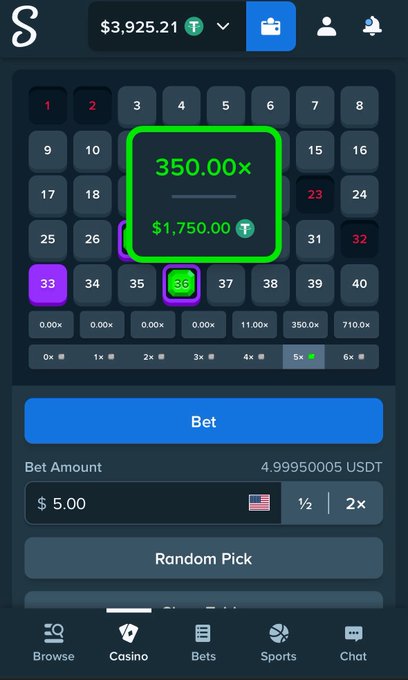 A mobile screenshot of Stake.com's Crash game shows a betting grid where the user selected number 36 (5x multiplier) with a bet of $5.00 USDT, while another highlighted selection (number 13) displays a payout of 350.00x for $1,750.00, illustrating a successful high-multiplier crash bet.