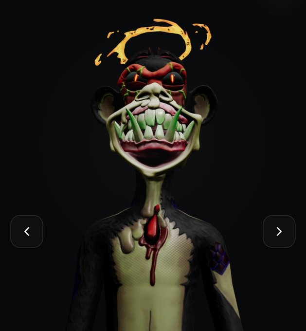 A 3D rendering of a grotesque monkey character with an oversized mouth full of sharp green-tipped teeth, red glowing eyes, and a bloody wound on its chest against a black background.