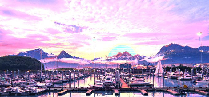 A scenic harbor view at sunset with boats docked, mountains in the background, and a vibrant pink and purple sky featuring a circular logo in the center.