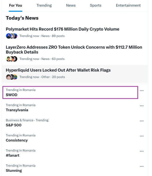 The image shows a screenshot of a social media feed with a purple highlight box over a section that says "SOWD" and "Trending in Romania". The text above this highlights suggests that there might be a trend or discussion about SOWD (Spanish Oil Wealth Distribution) happening on the platform. The post also mentions that it is related to the topic of "end of day", which could indicate that the conversation is taking place during a specific time period, such as before bedtime or after work hours.