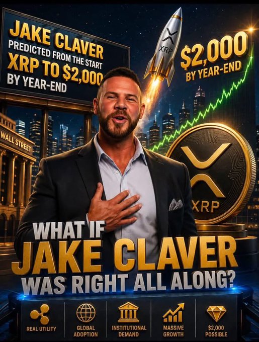 A YouTube-style thumbnail featuring a man in a suit with text 'JAKE CLAVER PREDICTED FROM THE START XRP TO $2,000 BY YEAR-END', '$2,000 BY YEAR-END', 'WHAT IF JAKE CLAVER WAS RIGHT ALL ALONG?' alongside XRP rocket and coin imagery.