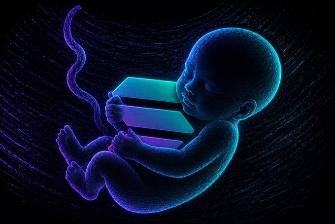 A glowing blue-purple fetus cradles the teal and purple Solana logo against a dark, swirling cosmic background, visually reinforcing the post's claim that "future generations will be on Solana" by depicting Solana as something carried from birth into the next era.