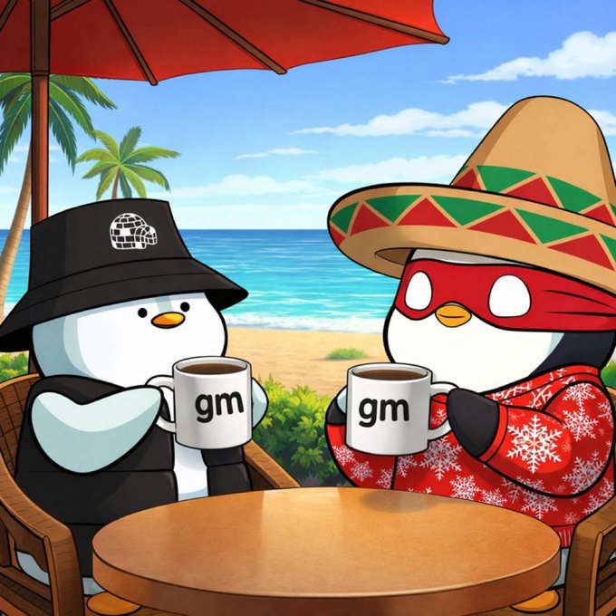 An illustration of two penguins in beachwear enjoying coffee with 'gm' printed on the mugs, sitting at a table with an ocean view.