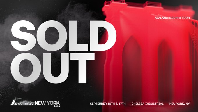 The image is a promotional graphic announcing that the Avalanche Summit New York 2026, scheduled for September 16th and 17th at Chelsea Industrial in New York, NY, is officially sold out, with bold "SOLD OUT" text displayed against a dramatic red-lit industrial backdrop and the Avalanche Summit logo.