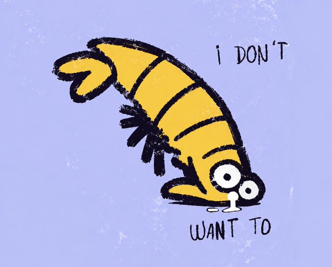 A cartoon banana peeling itself upside down with a sad face and drool, with text reading 'I DON'T WANT TO'.