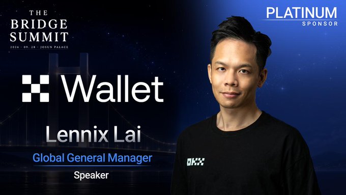A promotional speaker card for "The Bridge Summit" featuring Lennix Lai, Global General Manager of OKX Wallet, with a "PLATINUM SPONSOR" badge.