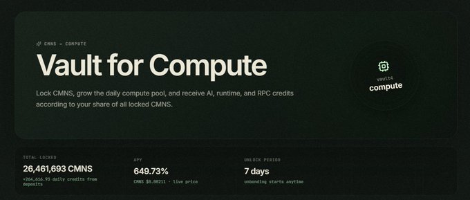 The image shows a "Vault for Compute" dashboard displaying 26,461,693 CMNS locked in deposits, with an APY of 649.73% (based on a CMNS price of $0.00221) and a 7-day unlock period for unstaking. This visual directly supports the post's highlight of the 649% APY, illustrating the staking pool where users lock CMNS tokens to earn compute credits, AI credits, and runtime rewards proportional to their share of the pool.