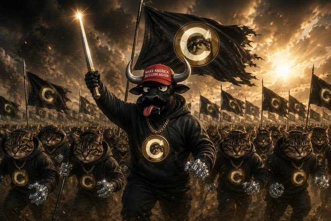 The image shows a large black bull wearing a red "Make America Great Again" hat, holding a sword, and surrounded by an army of cats wearing chains with the letter "C" — symbols tied to the $CATE token. The post celebrates buying $CATE during a dip, framing the dip as a buying opportunity and encouraging holders to "lock in" and accumulate more.
