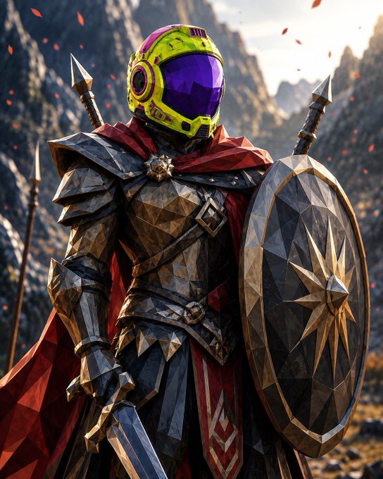 A digital illustration of a fantasy warrior or knight wearing a yellow and purple futuristic helmet, dark armor, a red cape, and holding a sword and a shield with a star emblem.