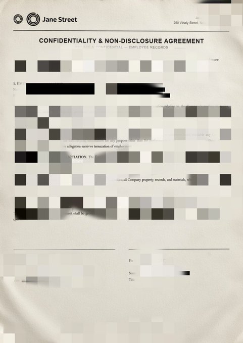 A redacted Jane Street confidentiality and non-disclosure agreement with most text obscured by black boxes, featuring visible fragments like "CONFIDENTIALITY & NON-DISCLOSURE AGREEMENT," references to "employee," and signature lines, paired with a caption about a cryptic, unnamed financial firm that "shaped the market."