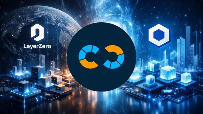 The image features the LayerZero logo alongside an infinity symbol, set against a futuristic digital cityscape with blockchain-themed visuals. It illustrates Nethermind's transition from being a LayerZero DVN validator to becoming a Chainlink node operator and technology partner for cross-chain operations.