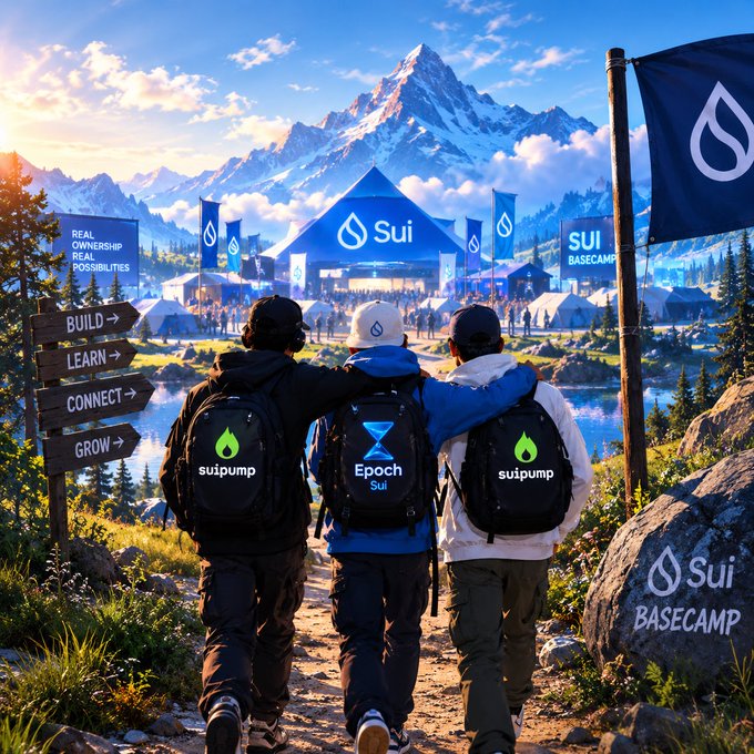 Three people wearing backpacks walk toward a 'Sui BASECAMP' event with banners and tents set against a mountainous landscape, featuring signs reading 'BUILD', 'LEARN', 'CONNECT', 'GROW'.