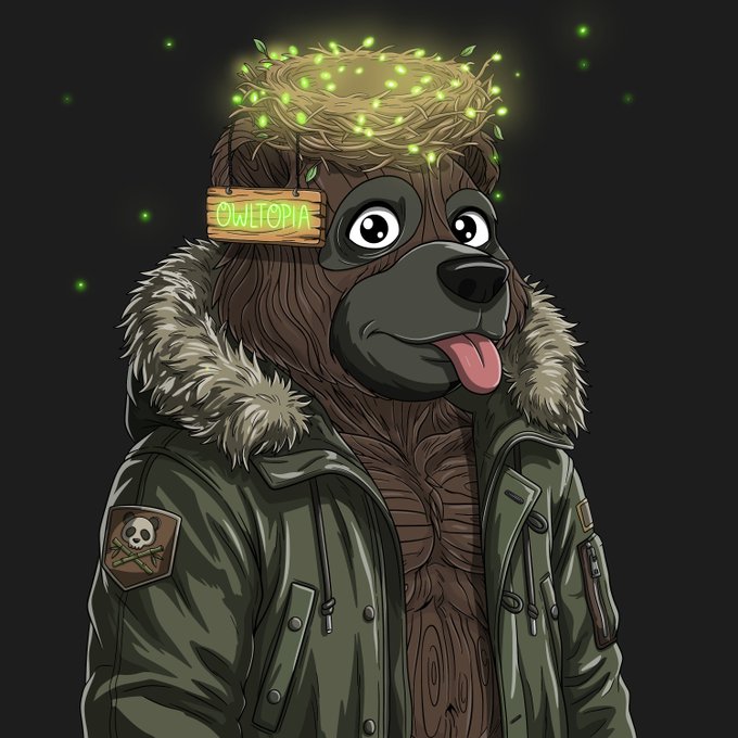 A cartoon illustration of a Bigfoot/sasquatch character wearing a green parka with fur trim, tagged 'OWLTOPIA' on its forehead, with a glowing green bird's nest containing fireflies on top of its head.