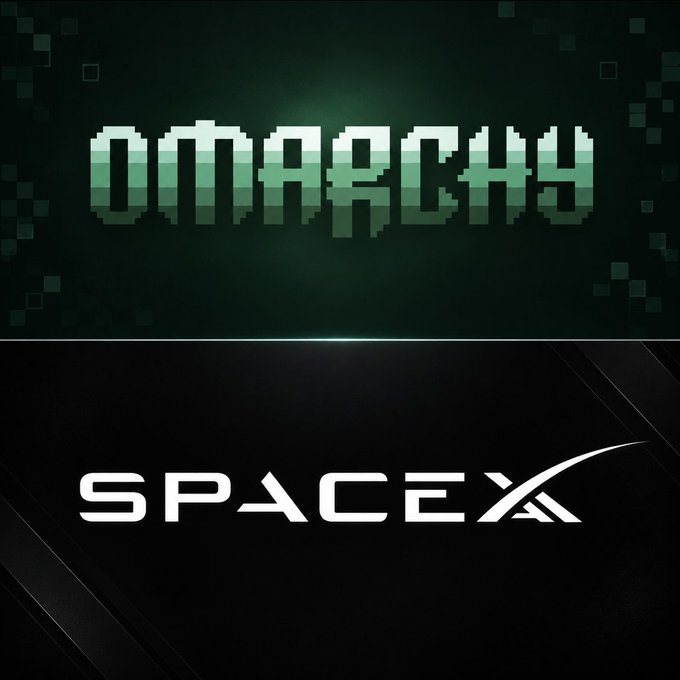The image features the pixelated "OMARCHY" logo in green above the official "SPACEX" logo, visually representing the partnership between SpaceX and DHH's open-source Linux operating system Omarchy announced in the post.