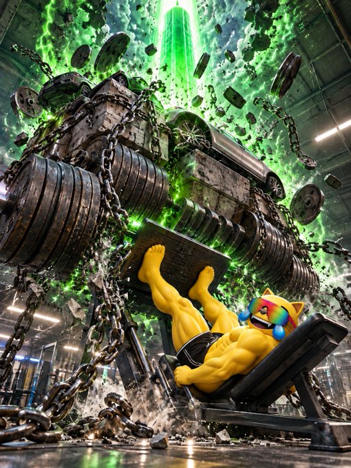 A digital illustration of a muscular cartoon cat character in sunglasses lounging on a chair while a massive mechanical press is suspended above by chains, surrounded by glowing green energy and debris.