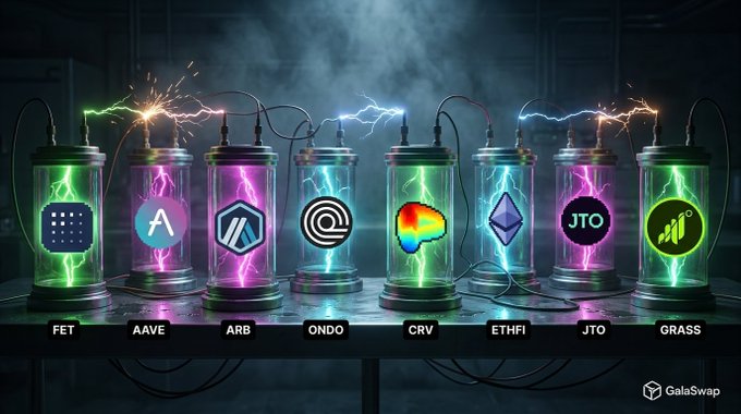 The image shows eight glowing electrical cylinders, each labeled with a crypto ticker—FET, AAVE, ARB, ONDO, CRV, ETHFI, JTO, and GRASS—displaying the respective token logos, visually powering up to represent these new additions to GalaSwap's trading platform. The GalaSwap logo appears in the bottom corner, tying the electrified display to the announcement of expanded token trading options.