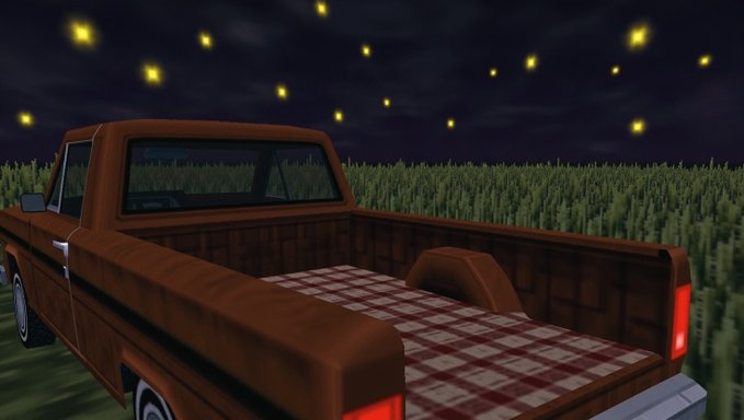 A low-poly 3D render of a brown pickup truck with a checkered bed cover, parked in a grassy field under a night sky with glowing stars.