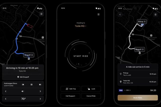 Three smartphone screens display the Tesla Robotaxi app interface, featuring a map view with pickup and dropoff markers for a ride from "Tesla HQ" to "Dropoff" arriving in 10 minutes at 10:25 pm, a central "Start Ride" screen with options like Edit Trip, Lock, and Call Support, and a booking summary showing a $4.20 fare paid via Visa for a 5-minute ride.

The image directly relates to the post by showcasing the new Tesla Robotaxi app interface that has just launched on Android in Canada, highlighting key features like ride scheduling, trip management, and fare estimates.