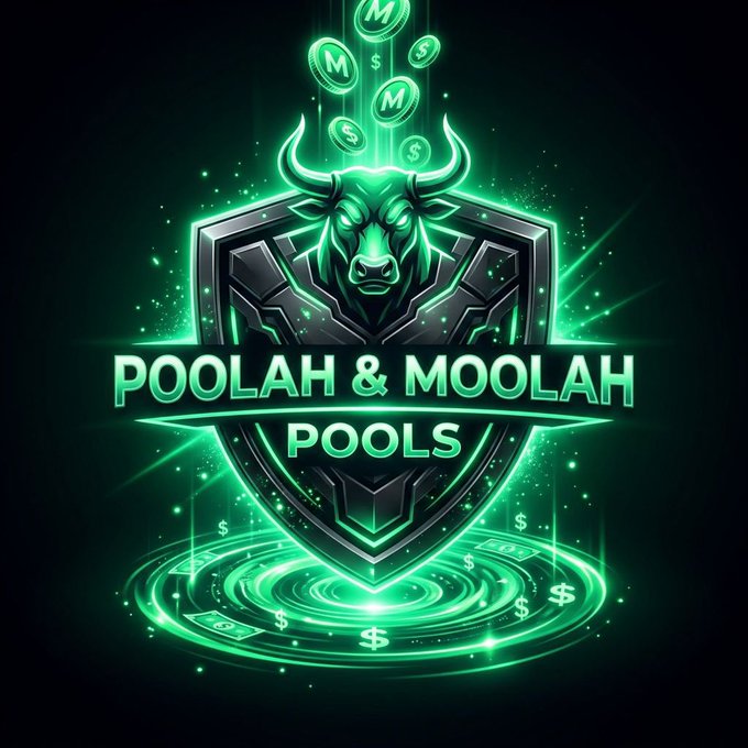 A bold neon-green shield emblem features a fierce bull's head at its center with dollar coins bearing an "M" floating above it, alongside the text "POOLAH & MOOLAH POOLS," visually reinforcing the post's message about $POOLAH's bullish and powerful DeFi infrastructure on Base.