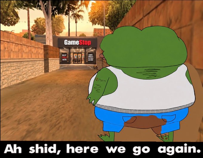 A meme image showing a cartoon green character from behind walking toward a GameStop store, with the caption 'Ah shid, here we go again.' at the bottom.