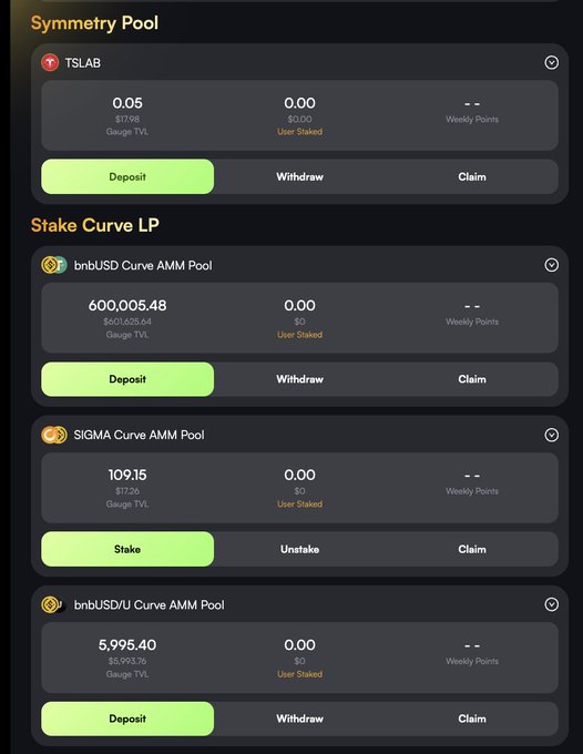 A screenshot of a cryptocurrency 'Symmetry Pool' interface showing various staking options including TSLAB, bnbUSD Curve AMM Pool, SIGMA Curve AMM Pool, and bnbUSD/3U Curve AMM Pool, with deposit and withdraw buttons.