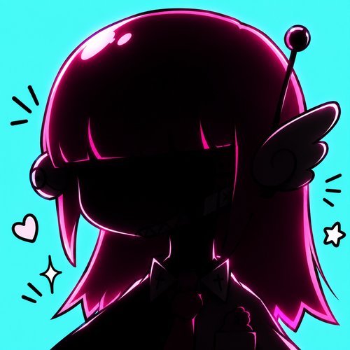 A stylized anime character illustration with pink hair, dark visor/face, and antenna, set against a teal background with hearts and stars.