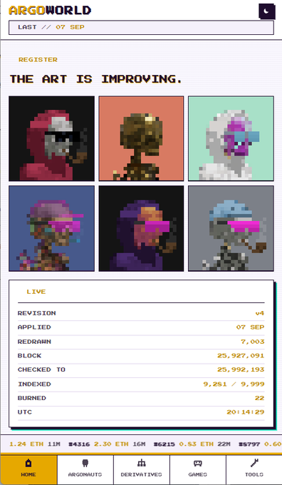 A screenshot of the Argoworld app showing pixel-art NFT characters under the header 'THE ART IS IMPROVING,' with live data including a BLOCK of 25,927,091 and INDEXED at 9,251/9,999.