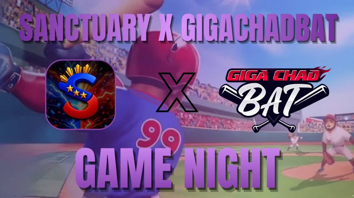 The image features a baseball game scene with players on the field and spectators watching from behind home plate. The main focus of the image is a baseball player holding a bat, ready for action. In the background, there are people sitting in chairs or standing around, enjoying the game. A banner can be seen above the crowd, displaying the text "Sanctuary XGACHADBAT GigaChaCha Bat".
