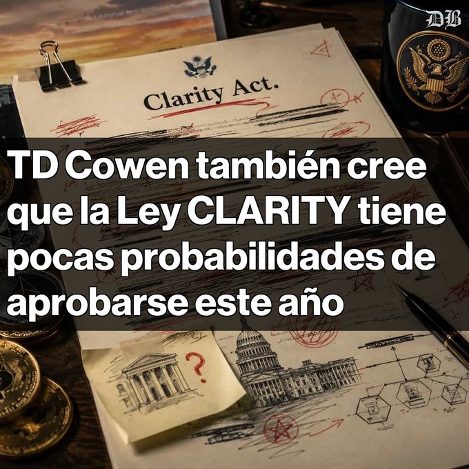 The image shows a document titled "TID Cowen tamblien cree que la Ley CLARITY en problemas TD Cowen avanza antes de agosto, podría aplazarse". The text appears to be in Spanish and is written on a piece of paper. It seems that the post is about an issue related to the clarity of laws or regulations, possibly involving the Trump administration's policies.