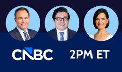 A stretched promotional image for CNBC's Power Lunch airing at 2PM ET features three vertically elongated oval portraits of news anchors, distorted into tall, narrow shapes that visually deliver the promised "face ripper" effect.