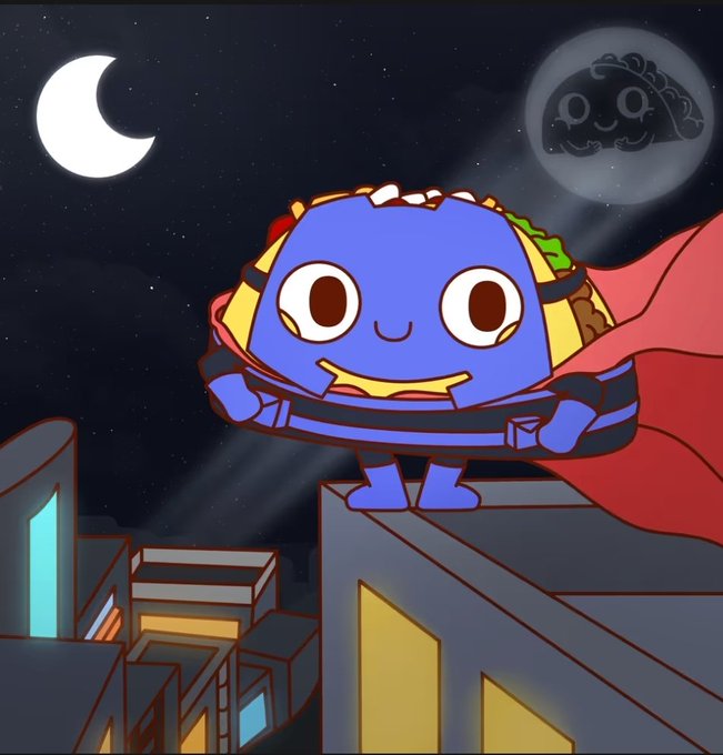 An animated taco superhero with a blue face and a red cape stands on a rooftop at night, with a crescent moon and a cloud-like character in the sky behind him.