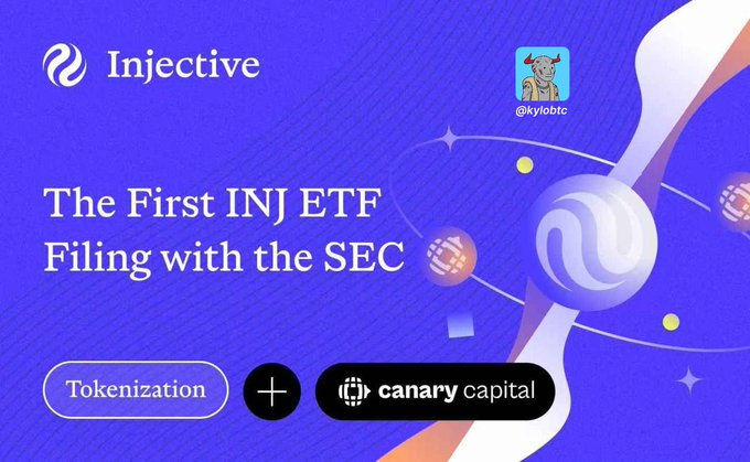 Injective promotional graphic announcing 'The First INJ ETF Filing with the SEC' in partnership with Canary Capital, tagged Tokenization and featuring @kylobtc.