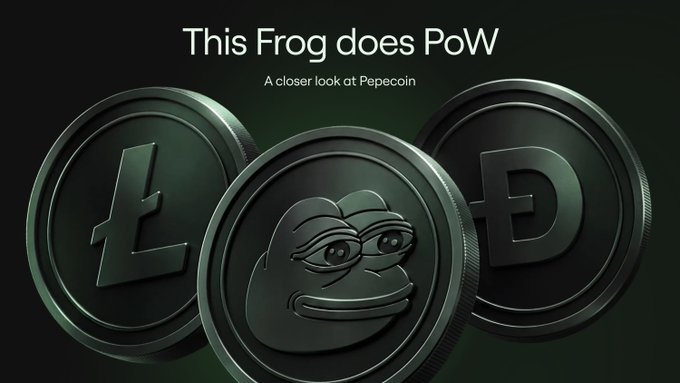 Three dark metallic coins featuring Litecoin (Ł), Pepecoin (the Pepe frog), and Dogecoin (Ð) logos are displayed with the headline "This Frog does PoW" and subtitle "A closer look at Pepecoin," visually illustrating how the three cryptocurrencies can be merge-mined together on a single ASIC.