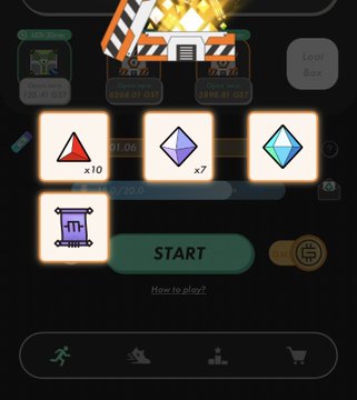 Mobile game loot box screen displaying red triangle (x10), purple diamond (x7), and blue diamond reward items above a 'START' button.