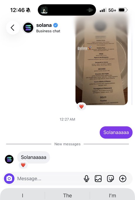 A smartphone screenshot of a business chat with 'solana' featuring a restaurant menu image, and messages exchanged reading 'Solanaaaaa'.