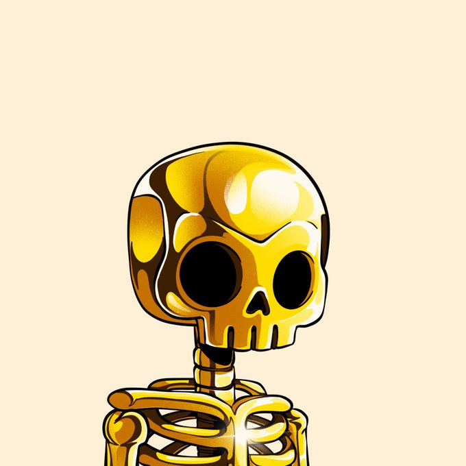 A cartoon illustration of a golden skeleton with large empty eye sockets and a reflective metallic appearance against a cream-colored background.