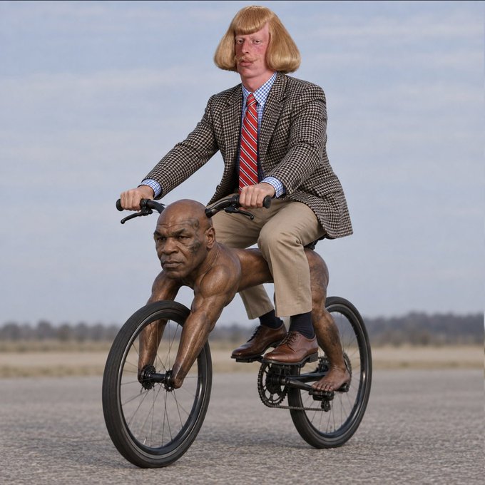 A blonde-haired man in a tweed jacket rides a custom bicycle whose frame is shaped like a muscular, crouching man, posing the absurd question "what's the ticker???" as if seeking a stock symbol for the bizarre contraption.