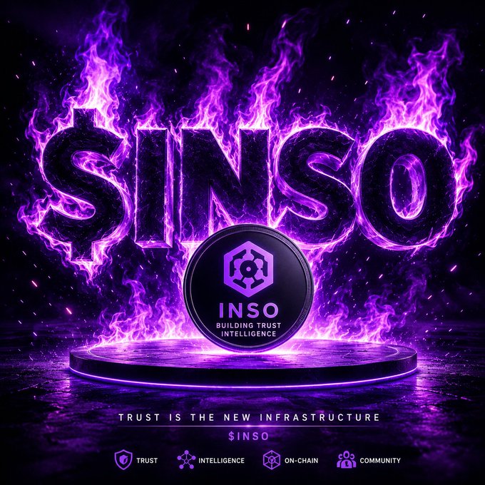 A purple-themed promotional graphic displays the word 'SINSO' in flaming text above a coin logo, with the tagline 'TRUST IS THE NEW INFRASTRUCTURE' and feature icons for TRUST, INTELLIGENCE, ON-CHAIN, and COMMUNITY.