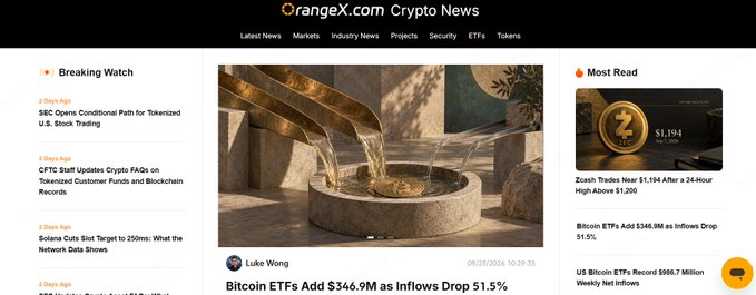 The image displays the OrangeX.com Crypto News portal homepage, featuring a featured article on Bitcoin ETFs adding $346.9M as inflows drop 51.5% (ticker: BTC), with a sidebar of breaking watch headlines like the SEC opening conditional paths to tokenized U.S. stock trading, illustrating the platform's real-time crypto market updates.