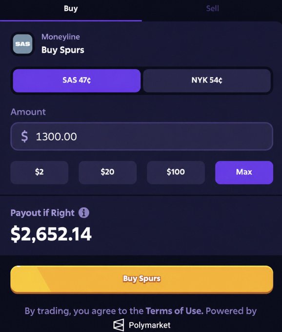 The image shows a screenshot of a payment page for the game Polymarket that says "Payout if Right 1". The payouts are set up with amounts ranging from $2,632.14 to $2,961.86. The current balance is $2,961.85. A buyer has selected "Buy spurs" and paid using their preferred currency, US dollars. This user wants to trade in a pair of SAs and wants to know how much they will receive if the spurs win game 3.