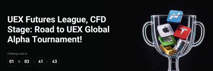 The image is a promotional banner for the "UEX Futures League, CFD Stage: Road to UEX Global Alpha Tournament!" featuring a countdown showing 01 day, 03 hours, 41 minutes, 43 seconds remaining, alongside a trophy filled with various financial asset icons including Apple (AAPL) and Tesla (TSLA) representing CFDs.

The banner directly supports the post by highlighting the imminent CFD leg of the UEX Global Alpha Tournament, with the ticking countdown emphasizing that only slightly over a day remains before the stage begins, building urgency around this multi-asset trading competition with its substantial $240,000 USDT prize pool.