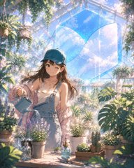 An anime-style illustration of a girl wearing a cap and overalls holding a watering can inside a sunlit, vine-covered greenhouse.