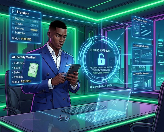 A futuristic anime-style illustration of a man in a blue suit using a smartphone in a neon-lit room with holographic displays showing 'Freedom Markets', 'AI Identity Verified', 'Pending Approval', and various AI agents like 'AI Payment Agent' and 'AI Research Analyst'.