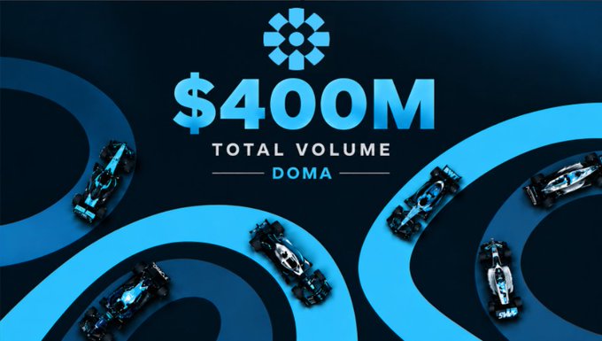A promotional graphic displaying '$400M TOTAL VOLUME DOMA' against a dark blue background featuring racing cars on circular tracks.