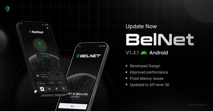 A promotional graphic for BelNet VPN version 1.4.1 for Android, highlighting a revamped design, improved performance, fixed latency issues, and updated to API level 36.