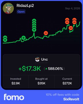 A 'fomo' app screenshot for user 'RidazLp2' dated Sep 4, 2020, showing a stock chart for ticker 'Unc' with green upward arrows and red minus signs, displaying +$17.3K gain (+588.06%), invested $2.9K, bought at $35K, and current value $272K.