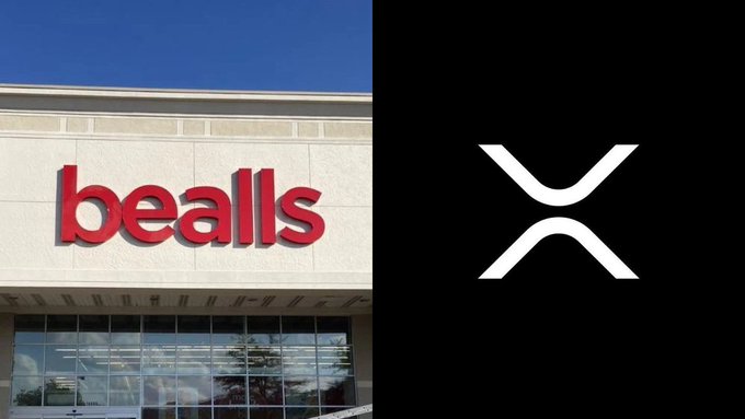 A storefront displays the "bealls" sign in red lettering on the left, while the XRP cryptocurrency logo appears on a black background on the right, visually representing the news that Bealls Inc., the $7 billion+ U.S. retail giant, now accepts XRP for payments.