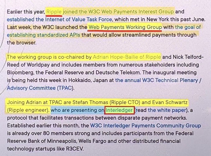The image shows a white background with text written in black, including information about Ripple cryptocurrency and its supporters. The text highlights that Ripple is just a shit coin sitting at $1, while the same consortium behind the standards of the Internet donated to #W3C Interledger Protocol. This indicates that there are people who still believe in Ripple as a valuable currency despite its current value being low.